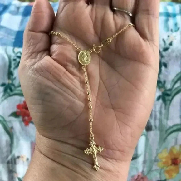 Cross Christ Rosary Catholic 18k Gold Plated Solid 925 Sterling Silver New NWT - Picture 3 of 6